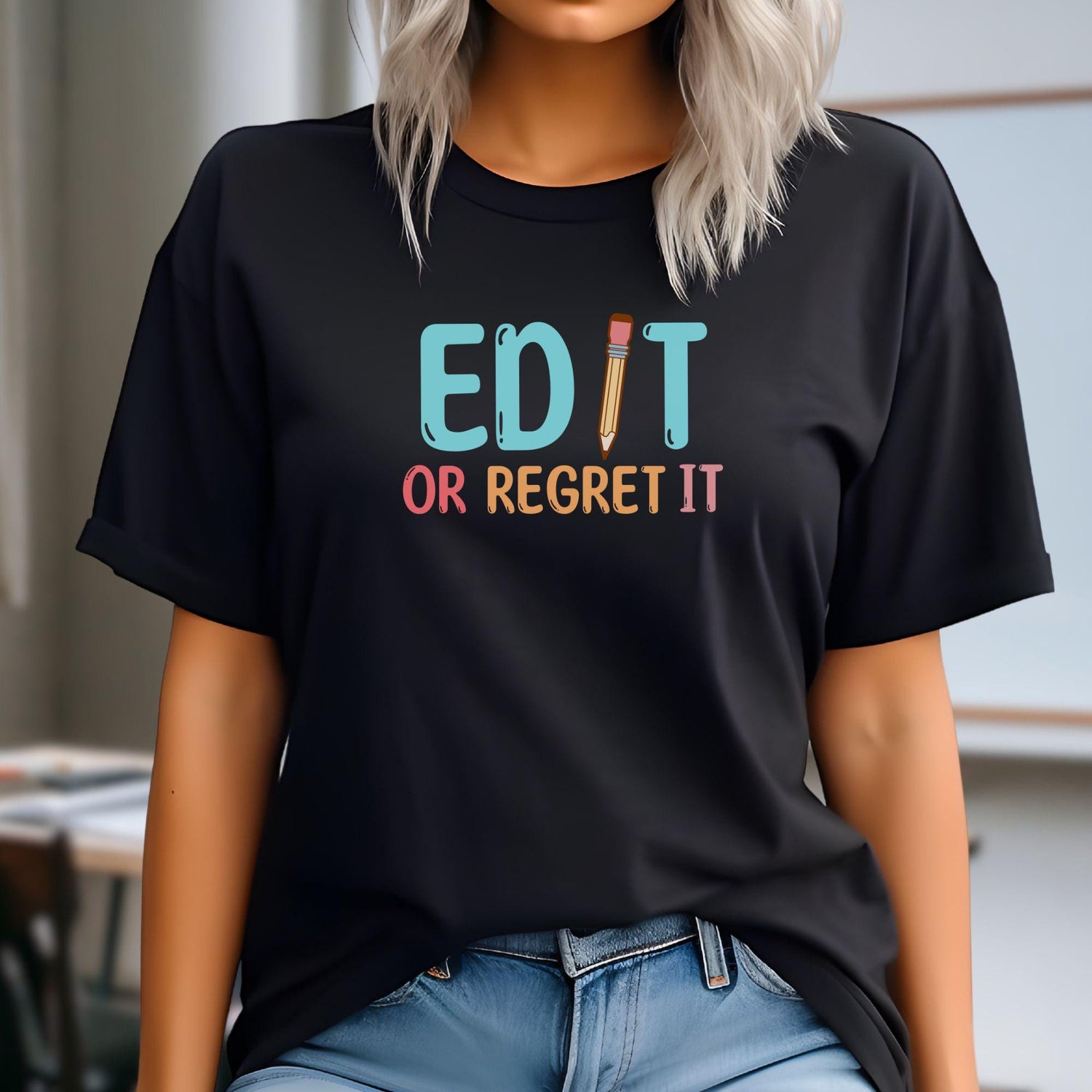 Math teacher themed t-shirt with colorful lettering that reads Edit or Regret it.