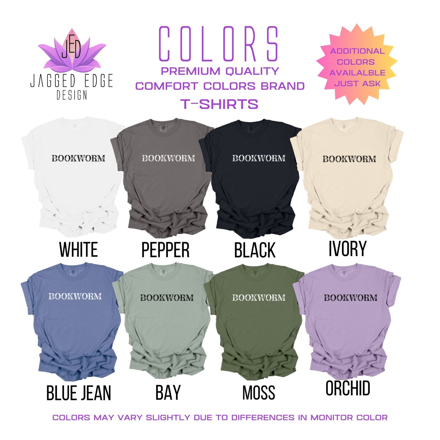 a group of different colored shirts with the names of them