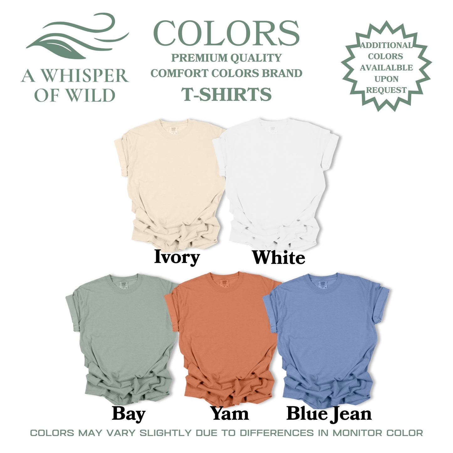 Five t-shirts in different colors with brand name 'A Whisper of Wild' displayed.