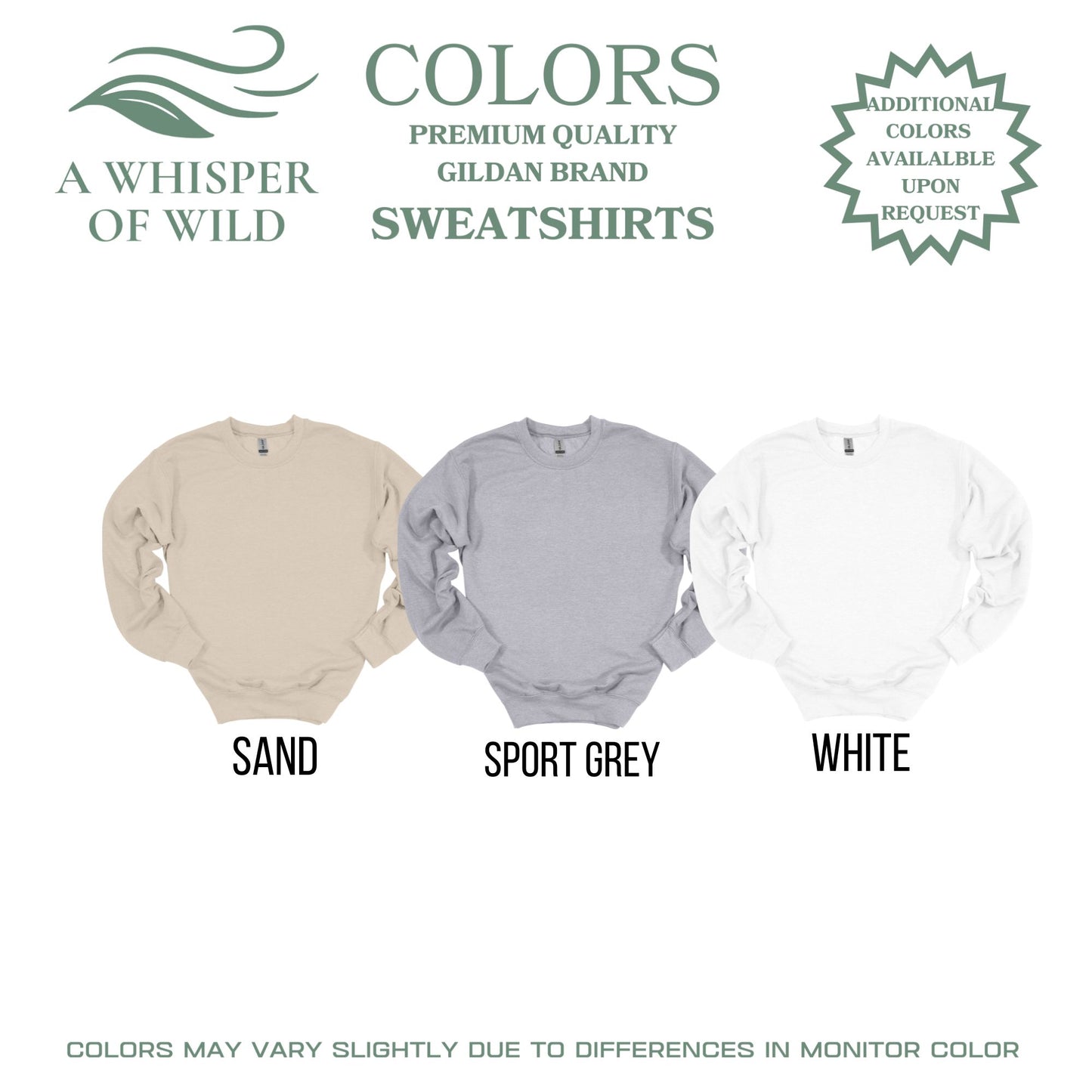 Three sweatshirts in sand, sport grey, and white with 'A Whisper of Wild' branding.