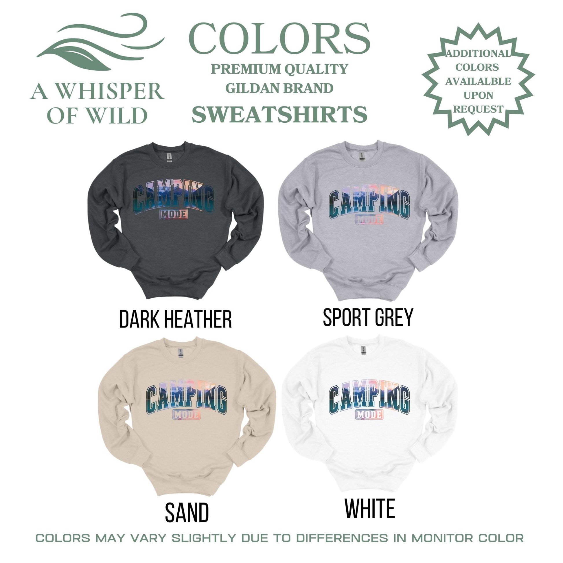 Four sweatshirts in dark heather, sport grey, sand, and white with 'Camping' text on a white background.