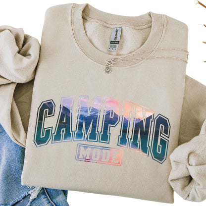 Beige sweatshirt with 'Camping Mode' text on a white background