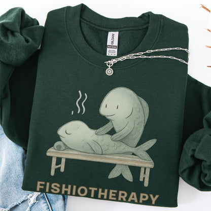 Green sweatshirt with 'Fishiotherapy' design featuring two fish on a bench, displayed with a necklace.