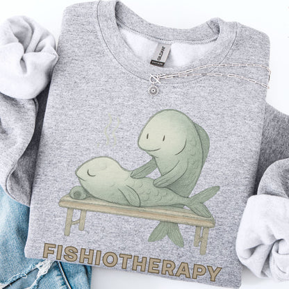 Gray sweatshirt with 'Fishiotherapy' design featuring two fish on a table.