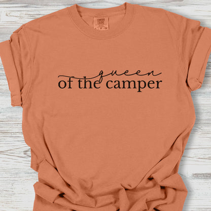 Coral t-shirt with 'Queen of the Camper' text on a wooden surface