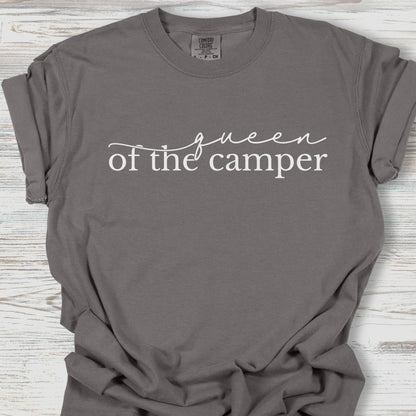 Gray t-shirt with 'queen of the camper' text on a wooden surface