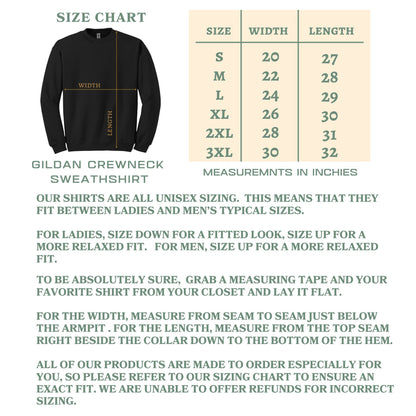 Size chart for Gildan Crewneck Sweatshirt with measurements in inches.