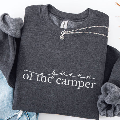 Dark gray sweatshirt with 'Queen of the Camper' text, displayed with denim jeans and a necklace.