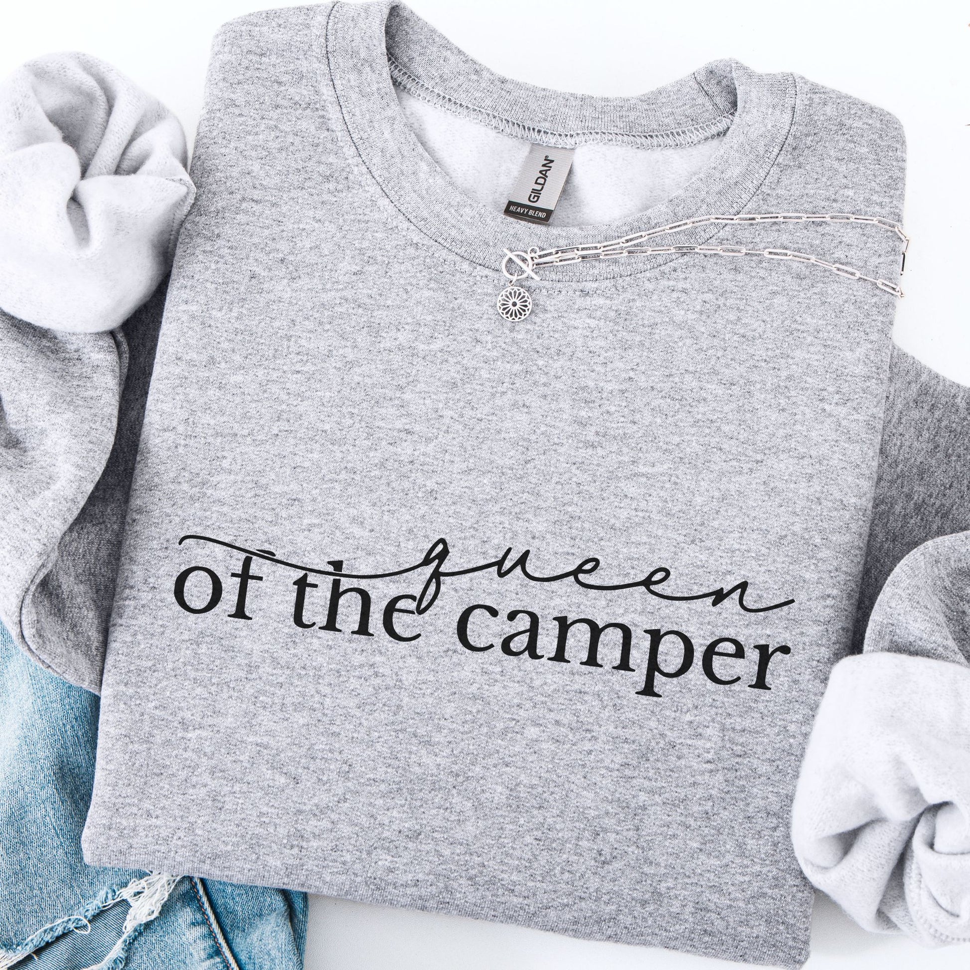Gray sweatshirt with 'Queen of the Camper' text on a white background
