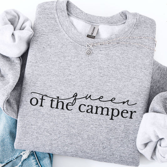 Gray sweatshirt with 'Queen of the Camper' text on a white background