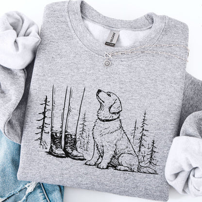 Gray sweatshirt with a dog and nature design on a white background