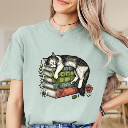 Sleeping Cat on Books - Book Lover's T-Shirt BO009