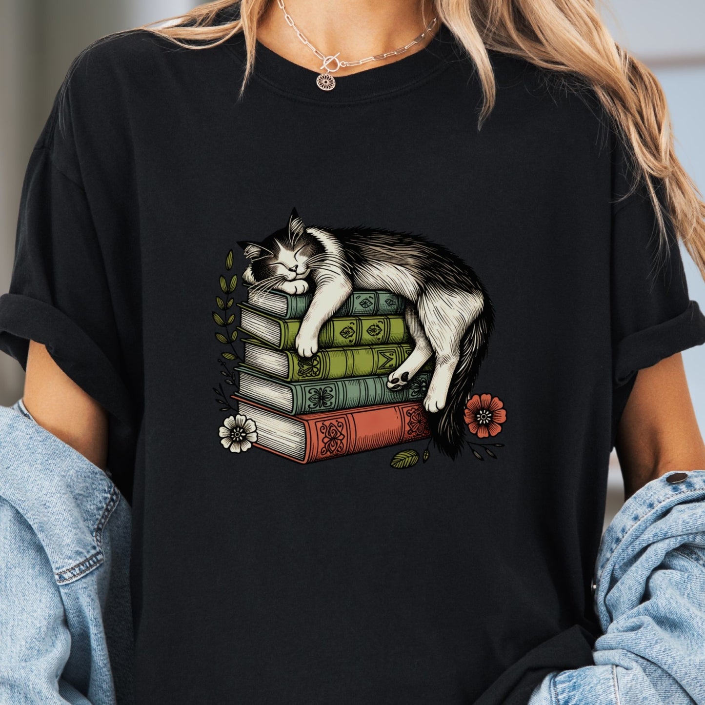 Sleeping Cat on Books - Book Lover's T-Shirt BO009