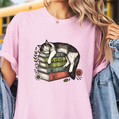 Sleeping Cat on Books - Book Lover's T-Shirt BO009