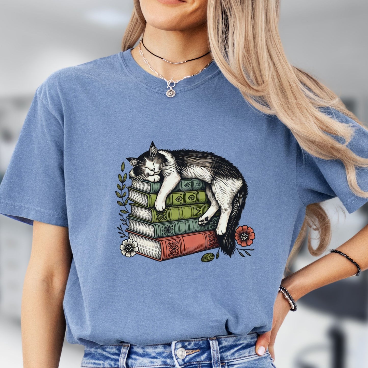 Sleeping Cat on Books - Book Lover's T-Shirt BO009