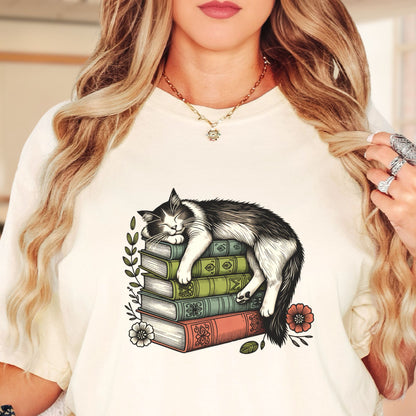 Sleeping Cat on Books - Book Lover's T-Shirt BO009