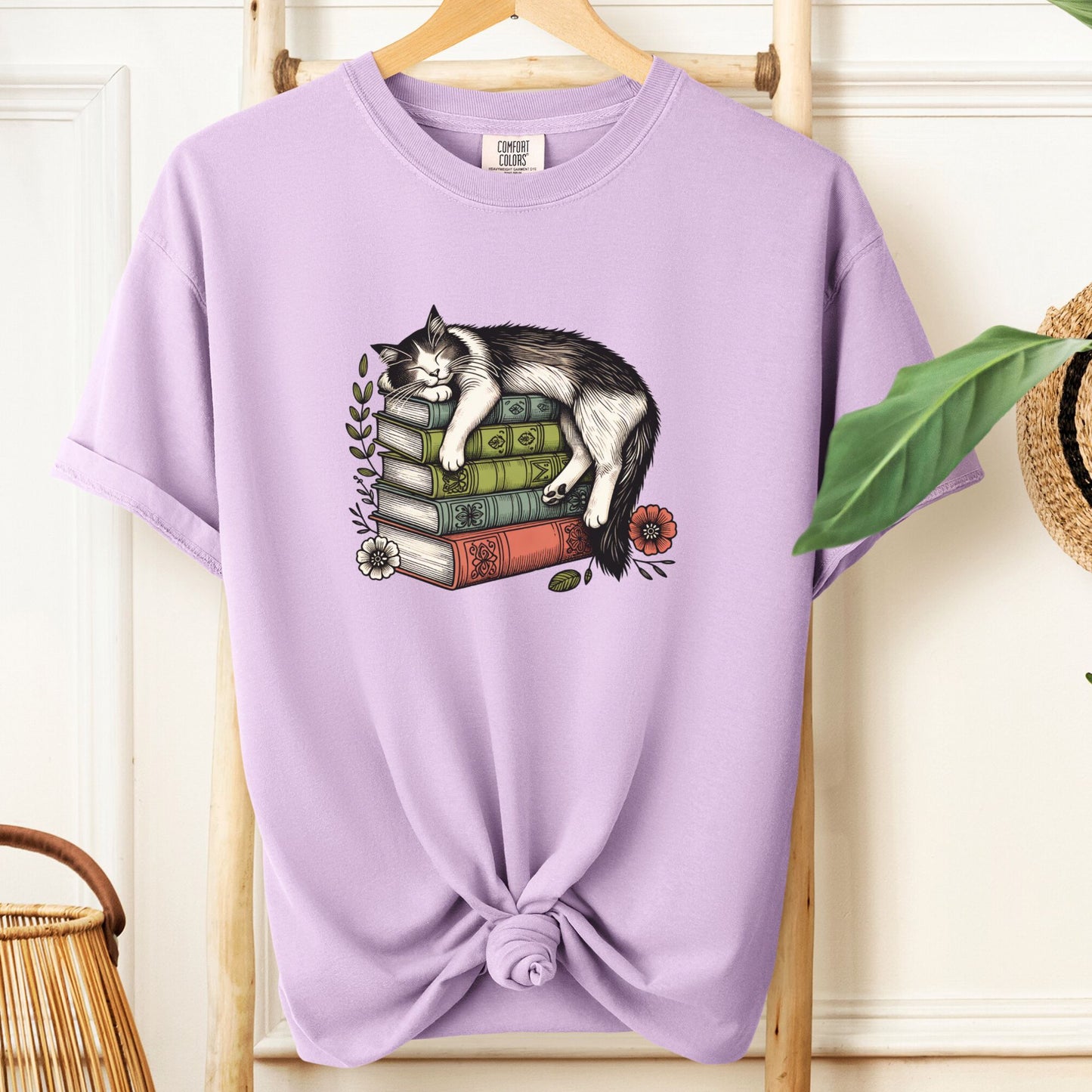 Sleeping Cat on Books - Book Lover's T-Shirt BO009