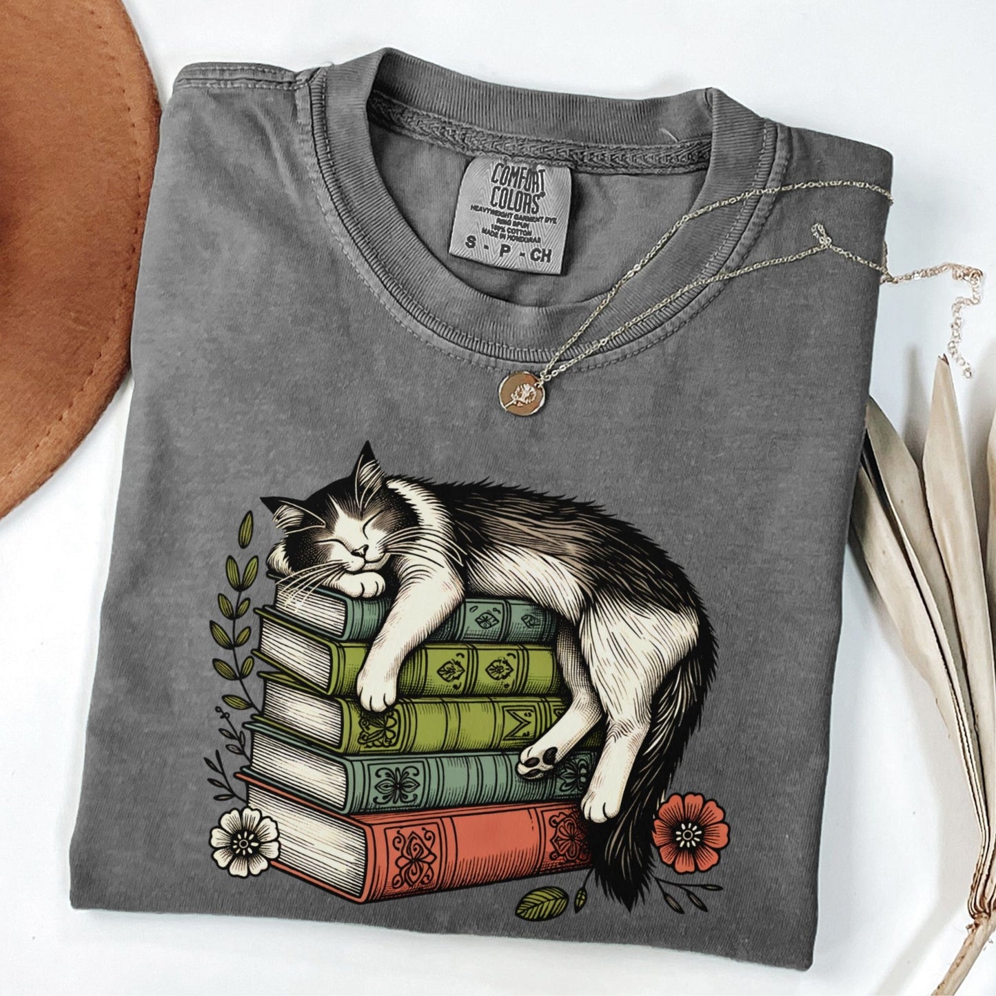 Sleeping Cat on Books - Book Lover's T-Shirt BO009