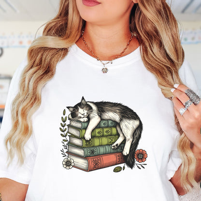 Sleeping Cat on Books - Book Lover's T-Shirt BO009