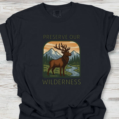 Black t-shirt with a graphic of a deer and mountains, featuring the text 'Preserve Our Wilderness'.