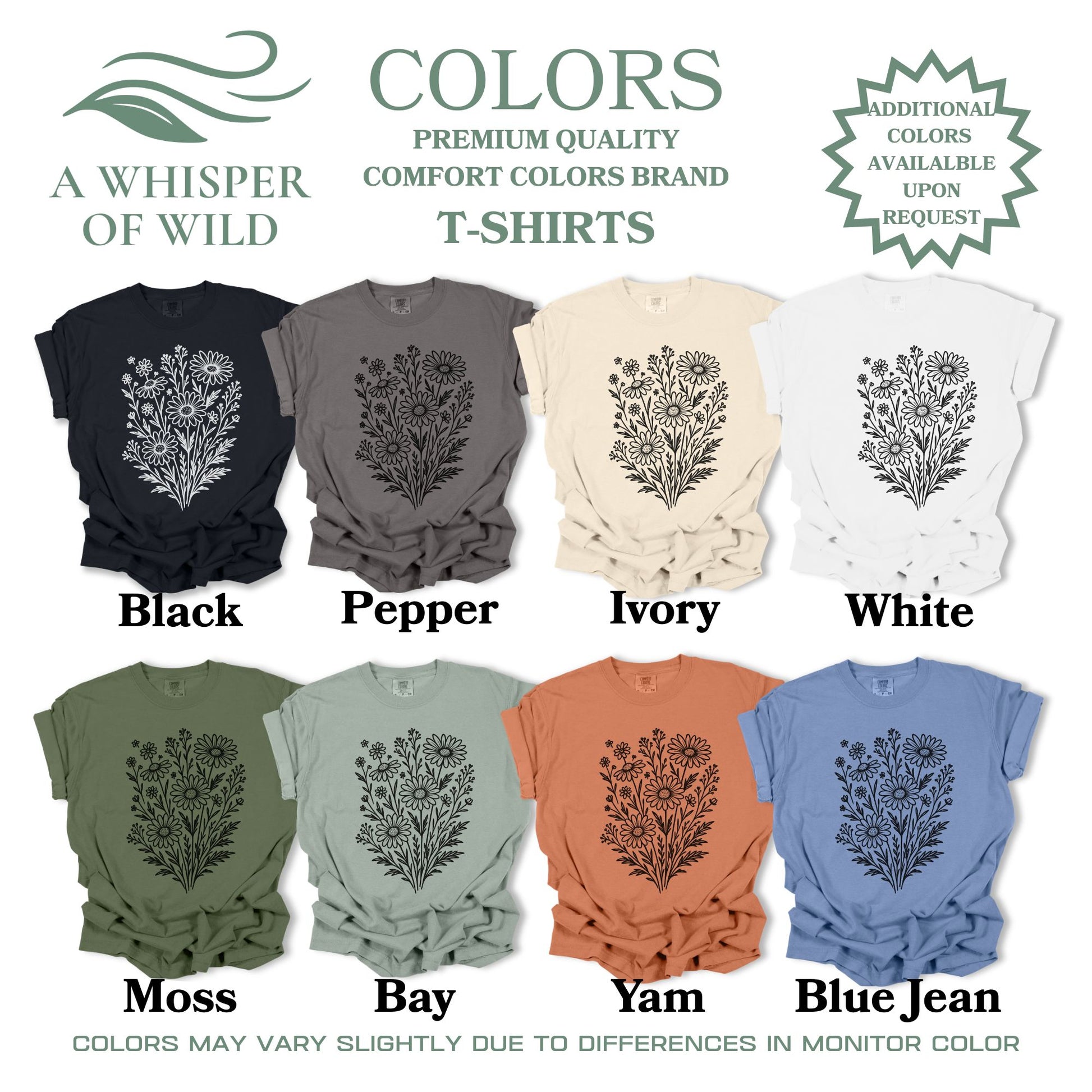 Collection of t-shirts in various colors with floral designs, branded as 'A Whisper of Wild'.