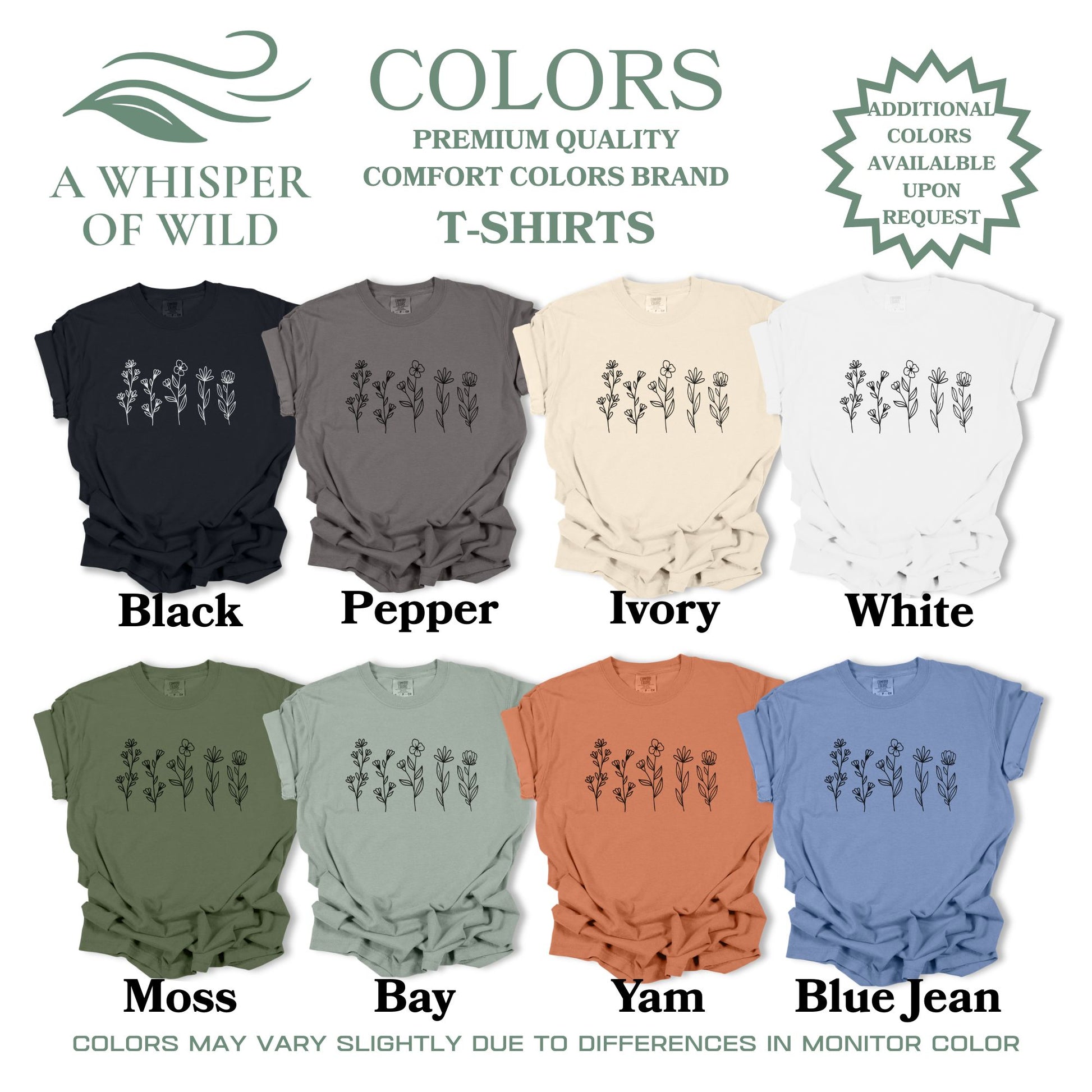 Collection of t-shirts in various colors with floral designs, branded 'A Whisper of Wild'.