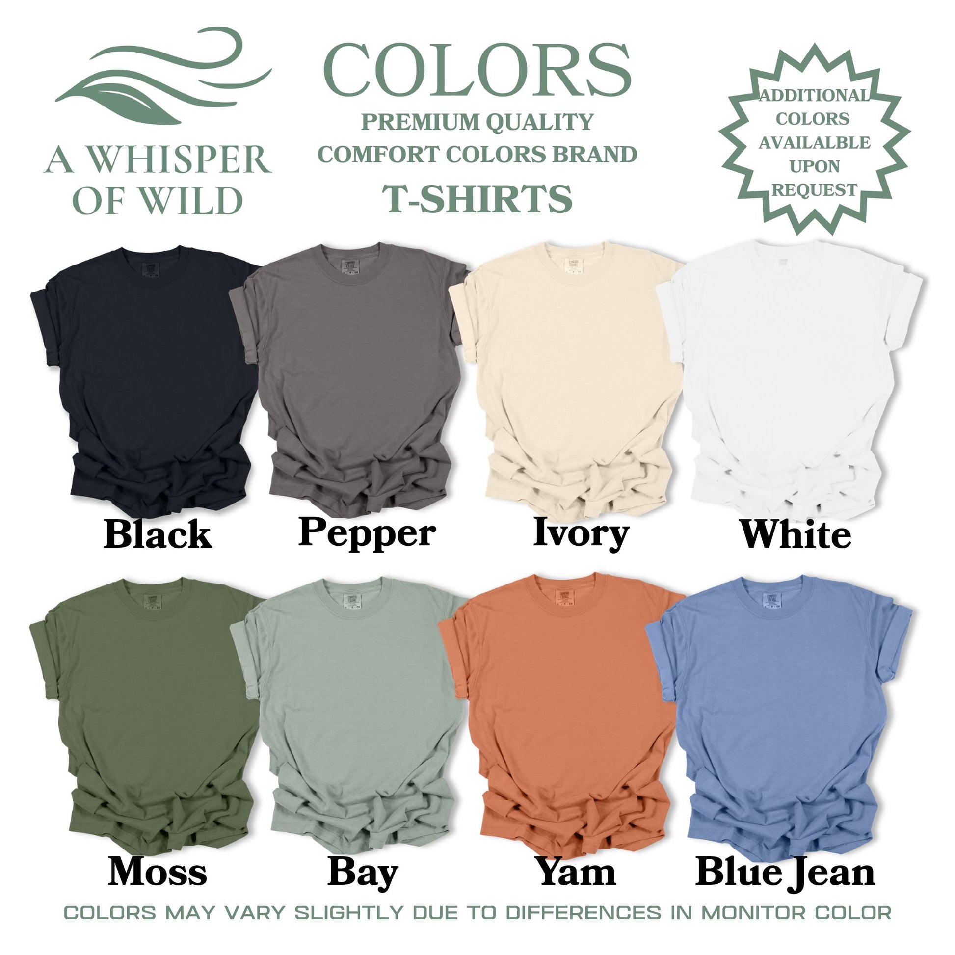 Collection of t-shirts in various colors with brand name 'A Whisper of Wild' displayed.