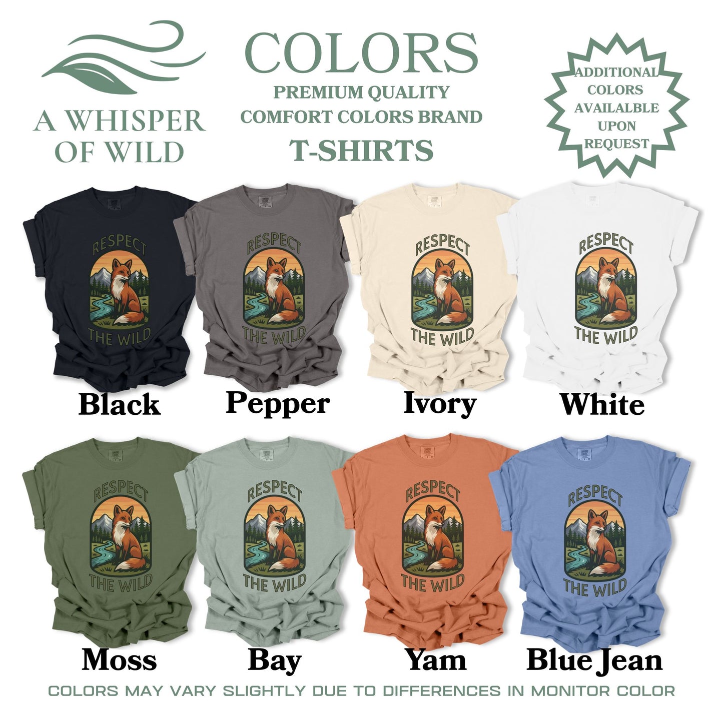 Collection of 'Respect the Wild' t-shirts in various colors with a fox graphic.