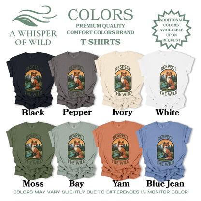 Collection of 'Respect the Wild' t-shirts in various colors with a fox graphic.