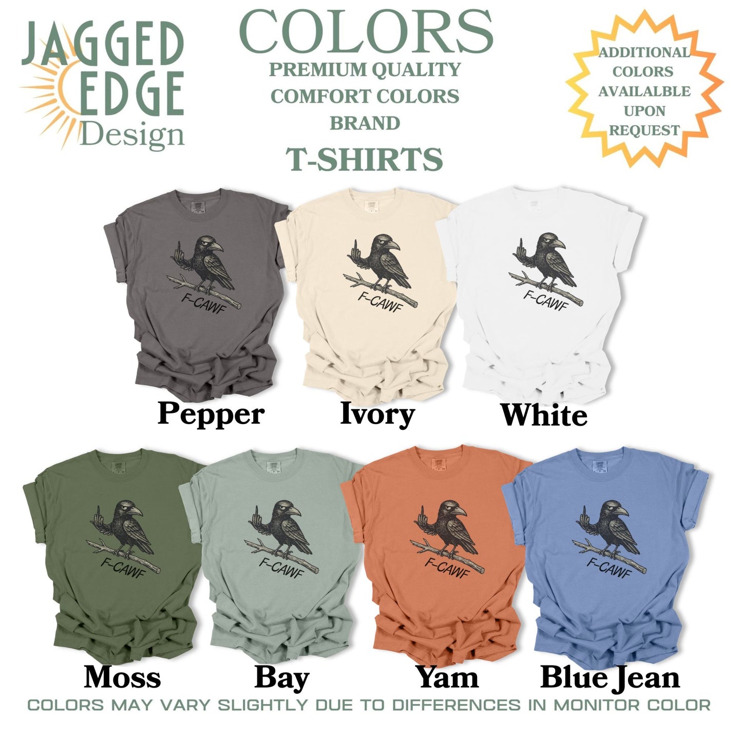Collection of t-shirts in various colors with a crow design, branded as Jagged Edge Design.