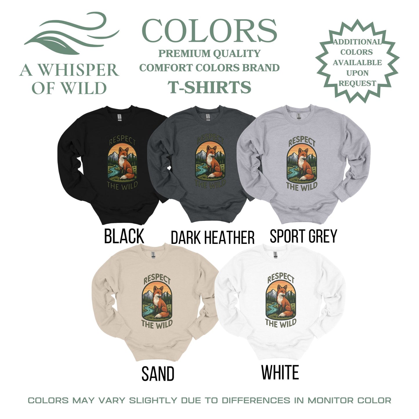 Sweatshirts in black, dark heather, sport grey, sand, and white with nature-themed designs on a white background.