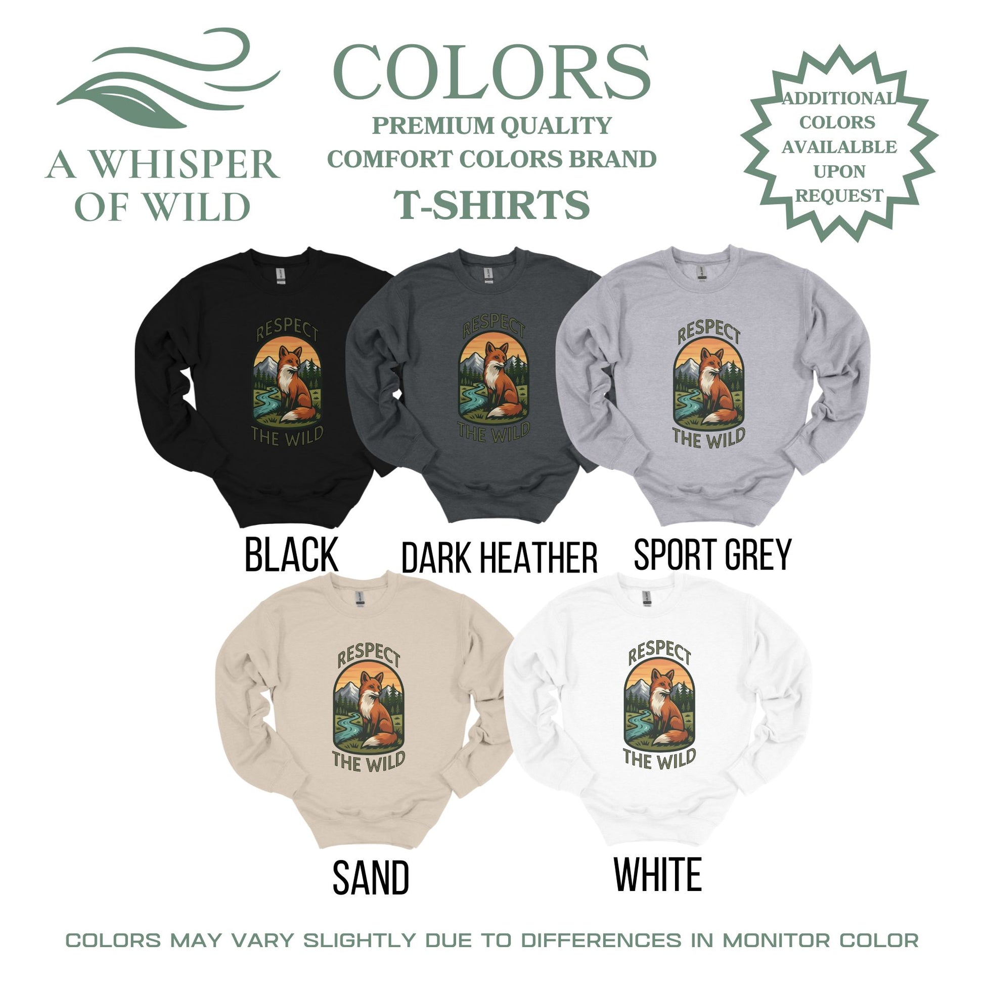 Sweatshirts in black, dark heather, sport grey, sand, and white with nature-themed designs on a white background.