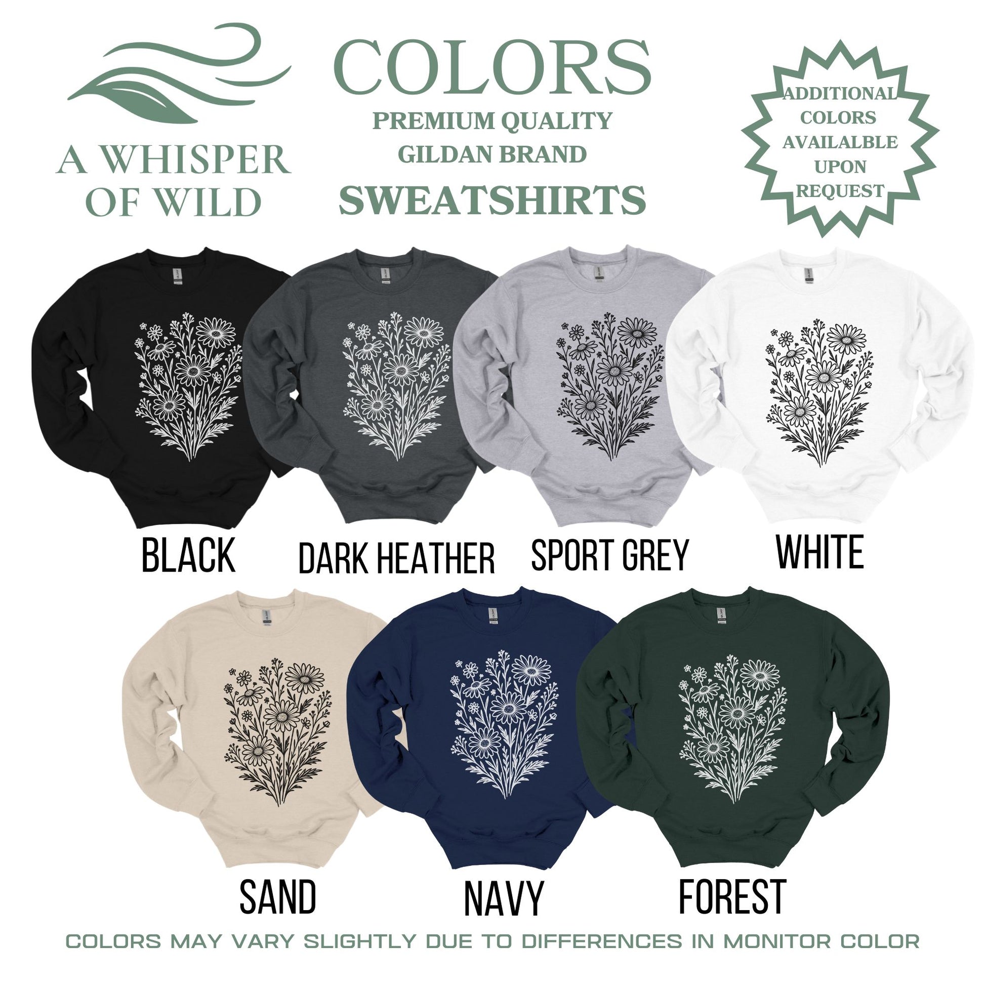 Sweatshirt color options with floral designs on a white background