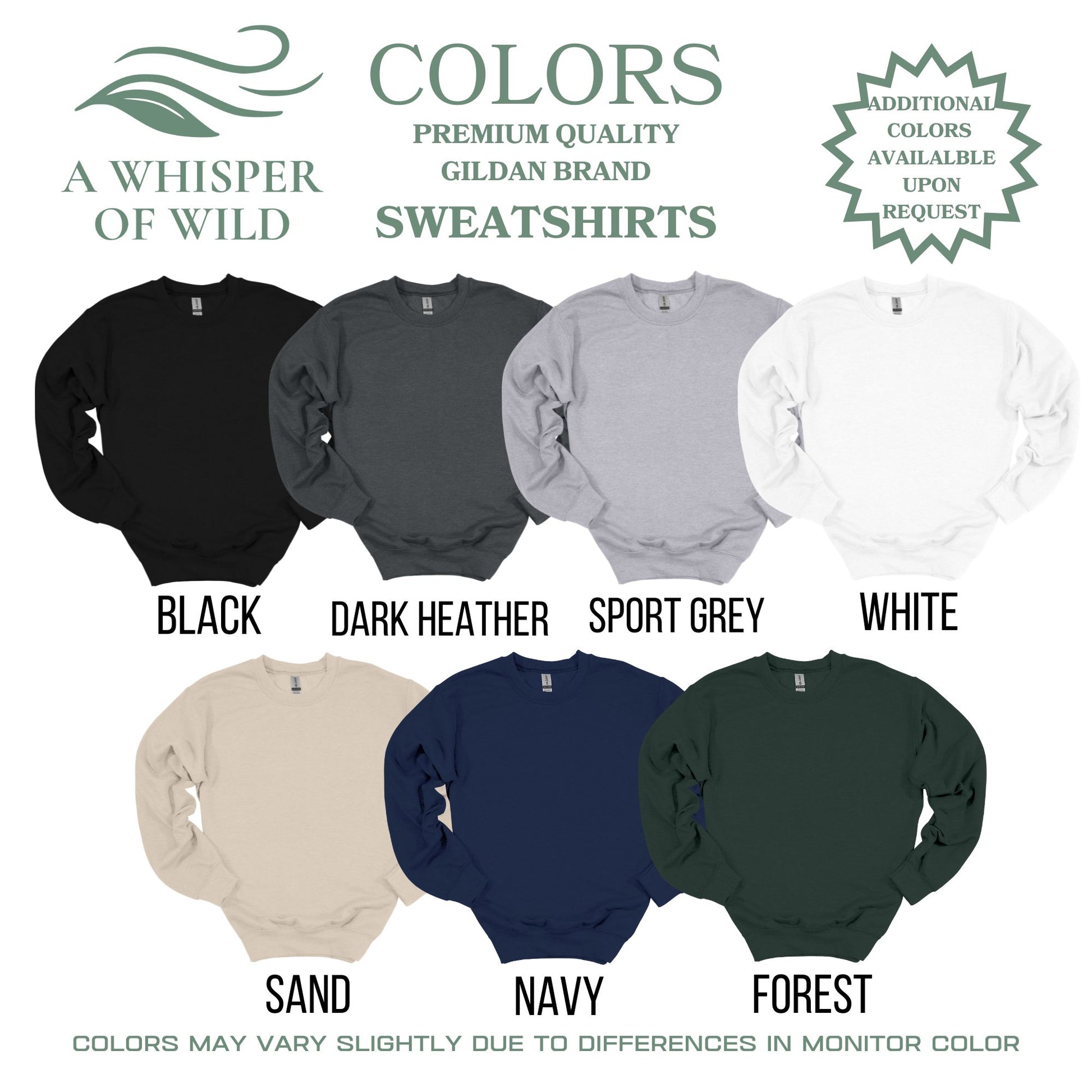 Display of sweatshirts in various colors with brand name and color options listed.