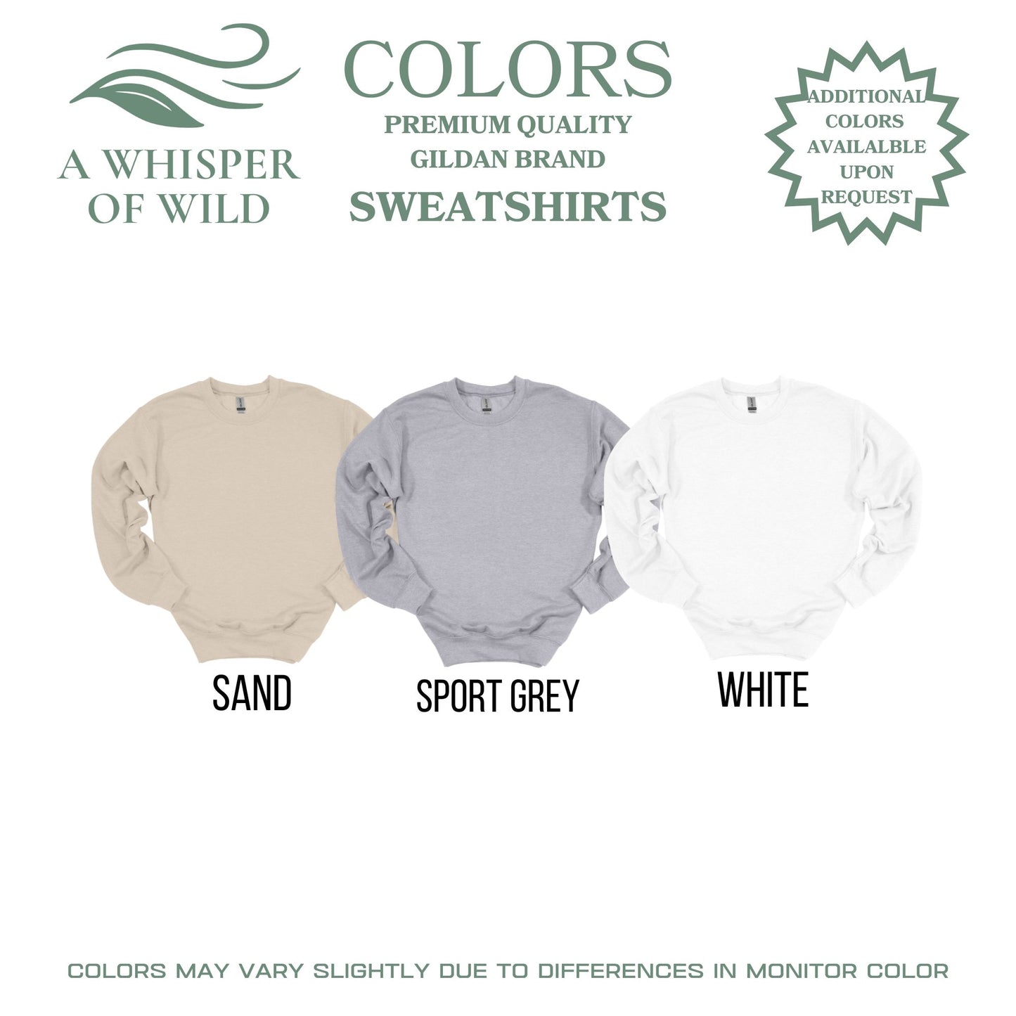 Three sweatshirts in sand, sport grey, and white with brand logos and text on a white background.
