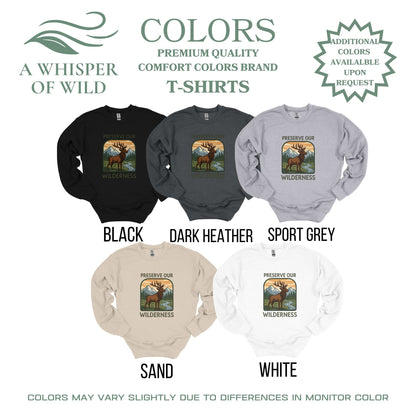 Five sweatshirts in black, dark heather, sport grey, sand, and white with a nature-themed design on a white background.