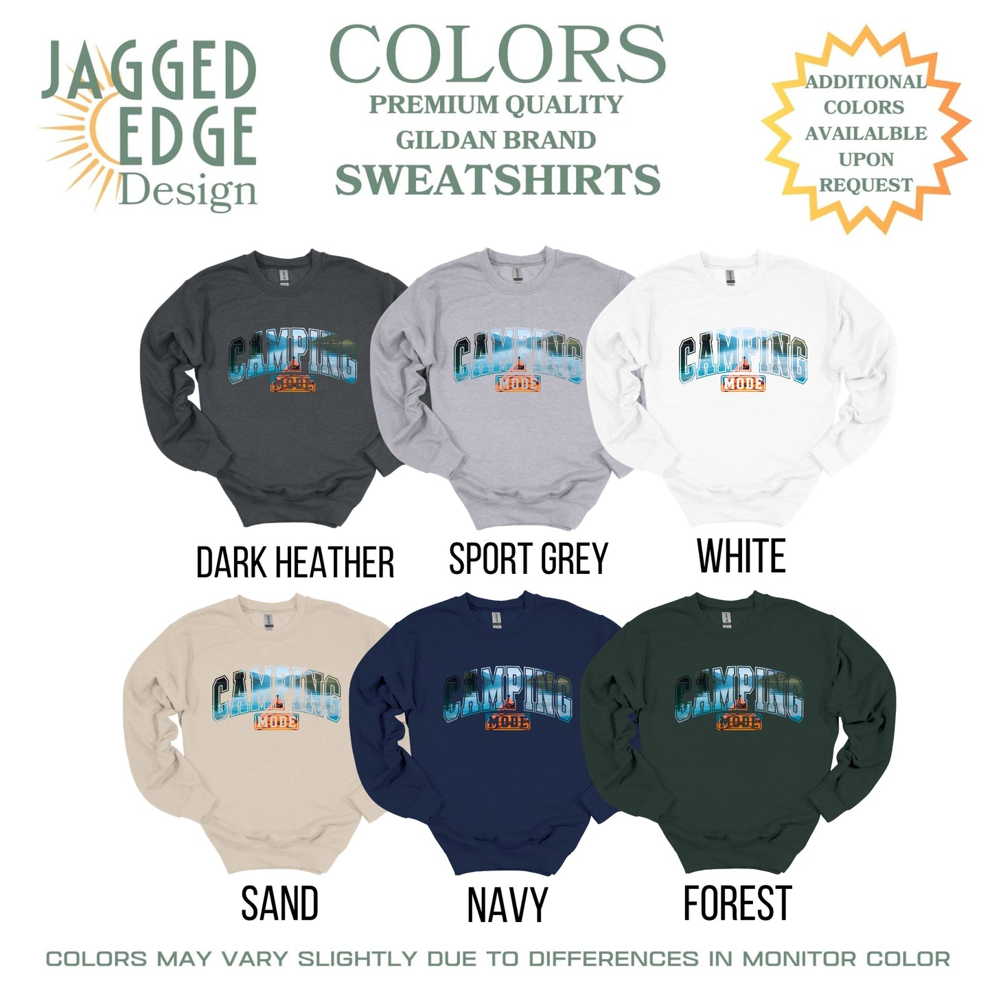 Display of sweatshirts in various colors with 'Jagged Edge Design' branding.
