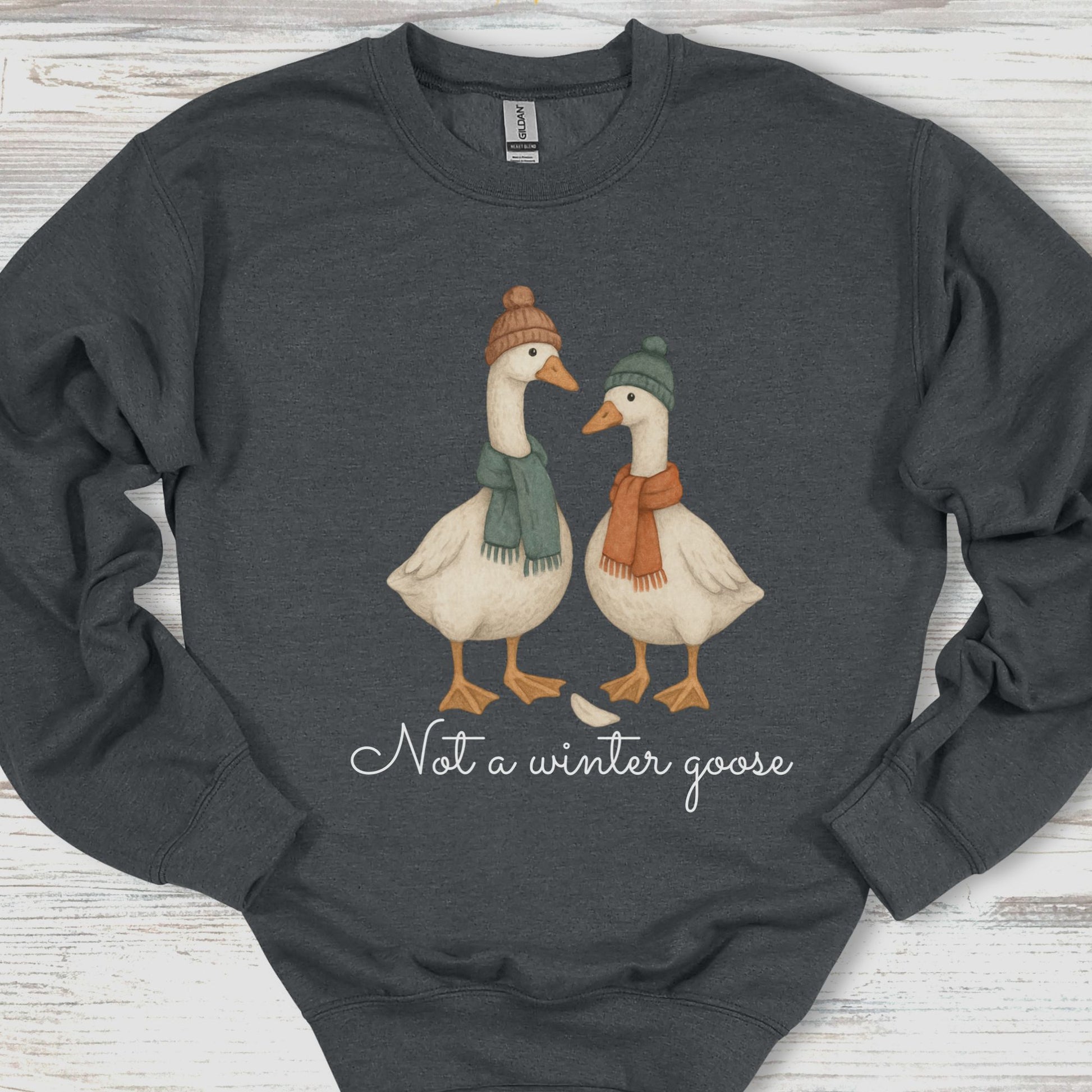 Dark gray sweatshirt with two geese wearing hats and scarves, and text 'Not a winter goose' on a wooden surface.