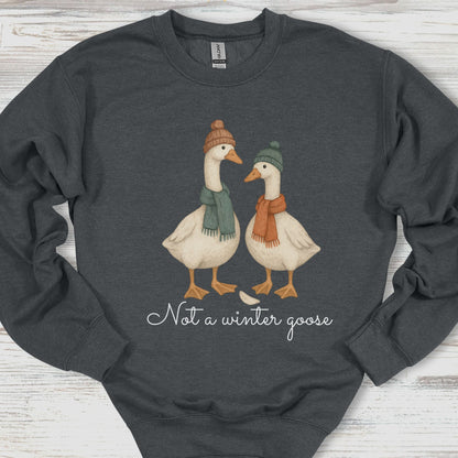 Dark gray sweatshirt with two geese wearing hats and scarves, and text 'Not a winter goose' on a wooden surface.