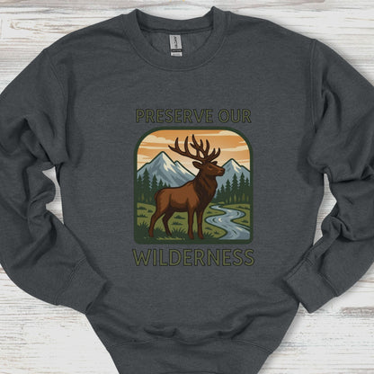Dark gray sweatshirt with a graphic of a deer and mountains, featuring the text 'Preserve Our Wilderness'.