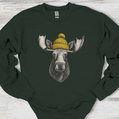 Black sweatshirt with a moose wearing a yellow beanie on a wooden surface