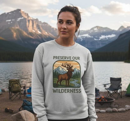 Gray sweatshirt with a graphic of a deer and mountains and the text 'Preserve Our Wilderness' on a wooden surface.