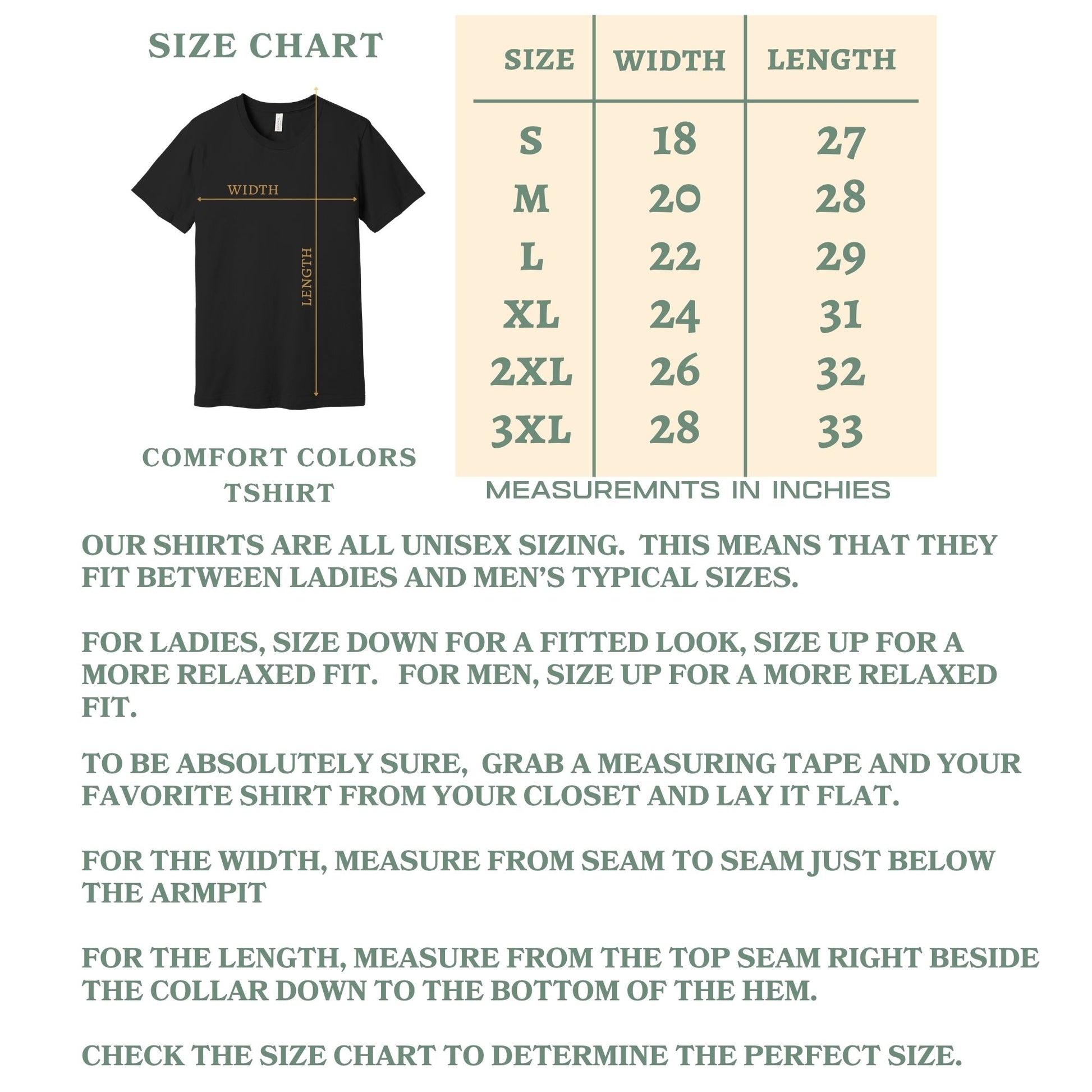 Size chart for shirts with measurements in inches