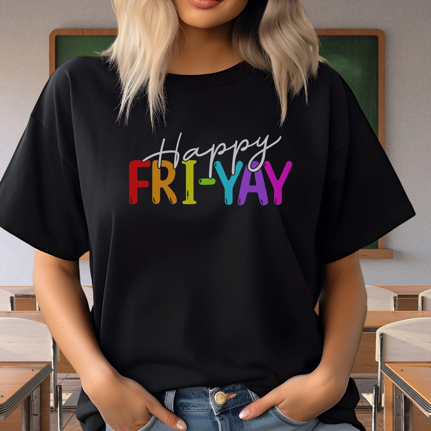 Model wears a black comfort colors shirt featuring the wording Happy Fri-Yay.  The work happy is in a white font and the work Fri-Yay are in a fun sans serif font with a different color of the rainbow for each letter.